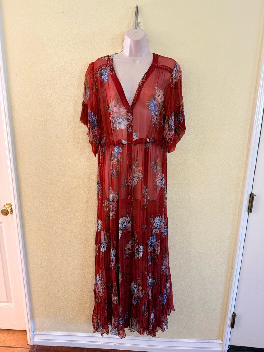 Johnny Was Jade Silk Red Floral Sheer Maxi Dress with V-Neck front tie size L